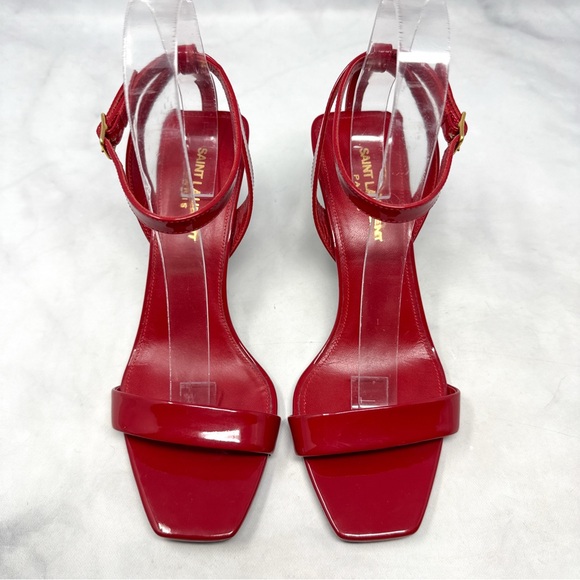 Saint Laurent Strappy Patent Leather Square Toe Ankle Strap Mid Sandal Heels Red - Picture 3 of 14